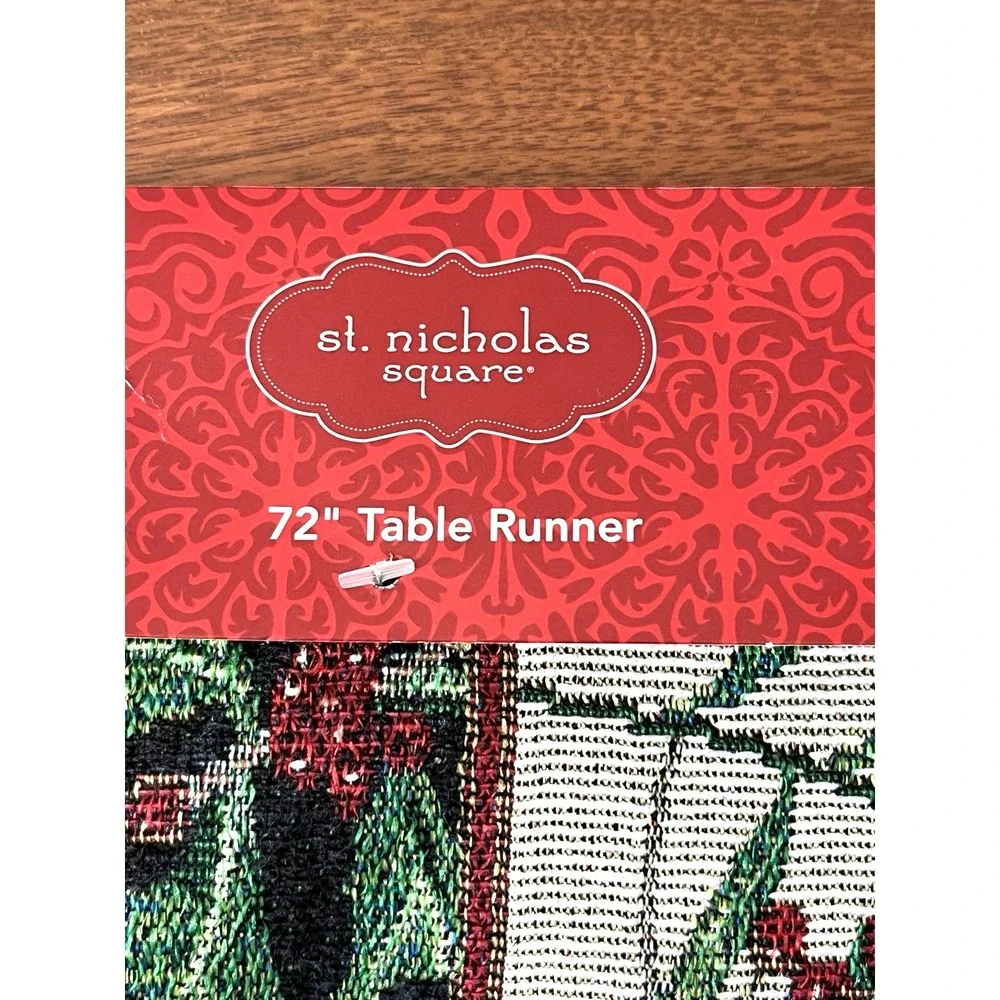 Vtg St Nicholas Square Cardinal Tapestry Christmas TABLE RUNNER & 1 Dish Towel